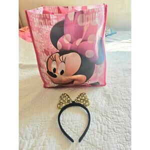 READ DESCRIPTION FREE Disney Minnie Mouse Gift Bag & Gold Glitter Ears Headband
